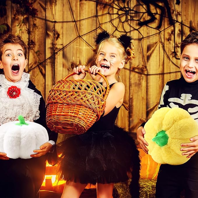 4 Pcs Pumpkin Pillows Fall Halloween Pumpkin Stuffed Animals Rabbit Hair Plush Toys Fluffy Thanksgiving Decor Throw Pillows Gifts for Kids for Home Bedroom Sofa Couch(White,Yellow)