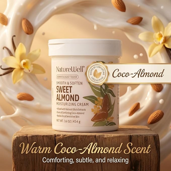 NATURE WELL Sweet Almond Smooth & Soften Gentle Moisturizing Cream For Face, Body, & Hands, Infused With Natural Oils & Extracts, Restores Skin Moisture Barrier, 16 Oz