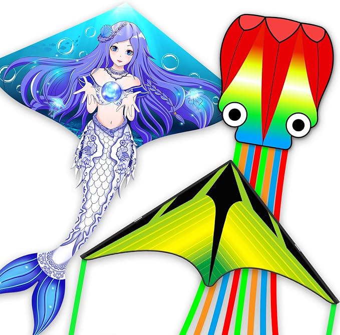 Kites for Kids & Adults,Large Kite for Beginners, Kites for Kids Ages 4-8,Outdoors Activities with Complete Handle, 328ft Kite String & Accessories (QHC Mermaid+L Grassland+Q Octopus, 3)