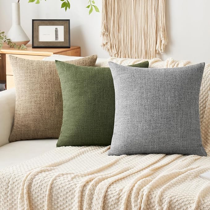MIULEE Pack of 2 Decorative Linen Burlap Pillow Covers Spring Farmhouse Boho Accent Pillowcases for Sofa Car Couch Bedroom Living Room Decor 18x18 Inch Dark Olive Green
