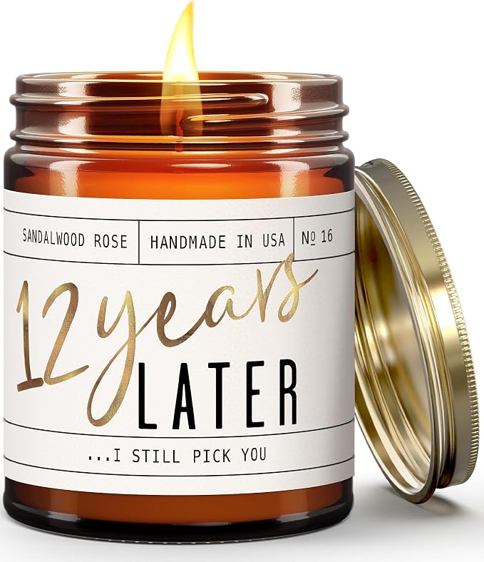 12 Year Anniversary Gifts for Wife - '12 Years Together' Candle, w/Sandalwood Rose - infused w/Essential Oils I 12th Anniversary Gifts for Her I 50Hr Burn, Made in USA
