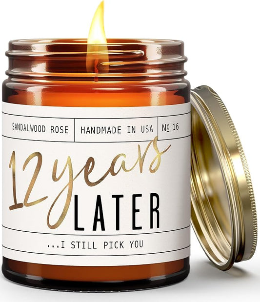 12 Year Anniversary Gifts for Wife - '12 Years Together' Candle, w/Sandalwood Rose - infused w/Essential Oils I 12th Anniversary Gifts for Her I 50Hr Burn, Made in USA