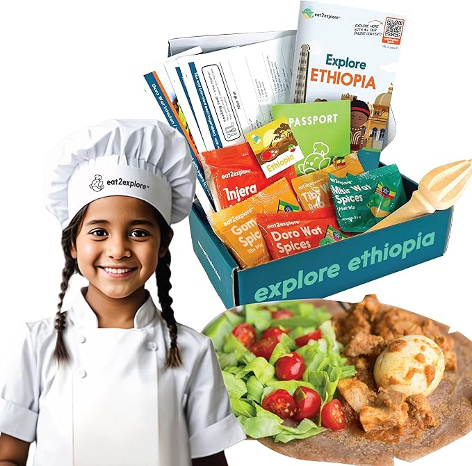 Cooking Kits for Kids - Interactive & Educational Set with 3 Recipe Cards, Key Ingredients & Cooking Tools - Ideal Idea for Kids who Love to Create Meals (Ethiopia Edition)