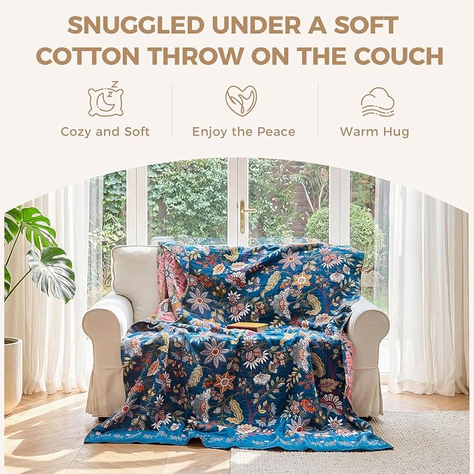 LUTBM Boho Throw Blanket for Bed 60"x80", All Season Cotton Couch Blankets | Blue Reversible Floral Jacquard, Muslin Gauze Twin Quilt, For Chair Sofa Bedroom Living Room Decor, Lightweight & Breathable