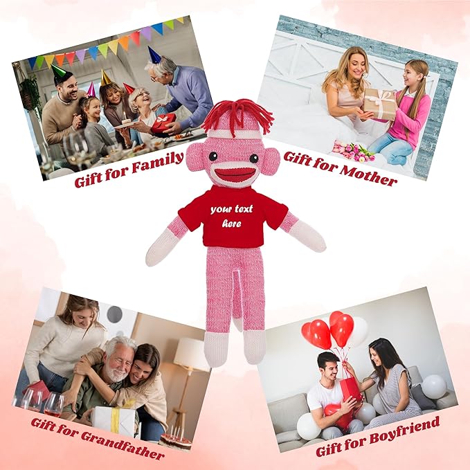 Personalized Huggable Pink Sock Monkey 8 Inch Plush Stuffed Animal Gift - Custom Text on Shirt - Perfect for Valentine's Day, Halloween, Graduation, Birthday Present