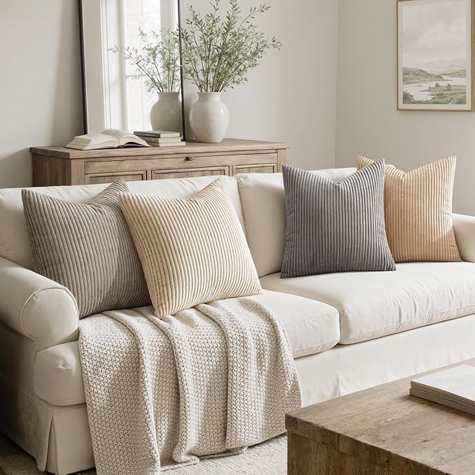 MIULEE Soft Corduroy Decorative Throw Pillow Covers Neutral Cream 20x20 | Set of 4, Mordern Nordic Home Decor, Cozy Cream Collection, Boho Farmhouse Cushion Covers for Couch Bed Sofa Living Room