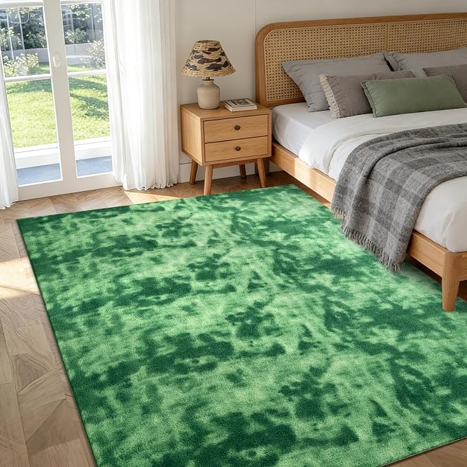 FinRèc 4x6 Washable Area Rugs for Bedroom Living Room, Low Pile Thin Ultra Soft Shag Rug, Non-Slip Carpet Indoor for Home Decor (Tie-dye Green)