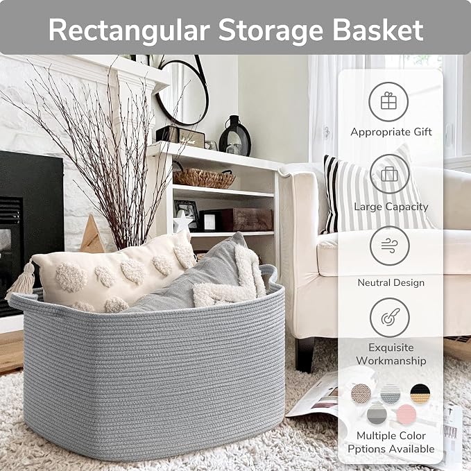 Goodpick Large Woven Rope Blanket Basket, Rectangle, Gray, 75L | 21.6'' x 14.9'' x 11.8'' Storage Basket for Toys, Blankets & Towels, Living Room & Nursery Organization, Reinforced Handles