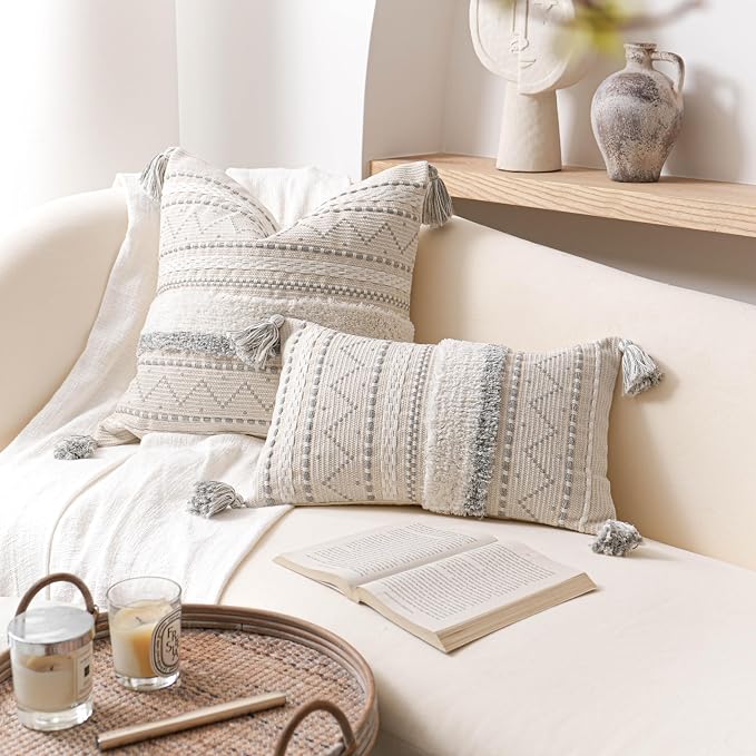 12x20 Lumbar Pillow Cover, Cream Neutral Rectangular Decorative Cushion Cover with Gray Pattern, Boho Accent Pillowcase with Tassels for Couch Sofa Living Room (Cover Only)