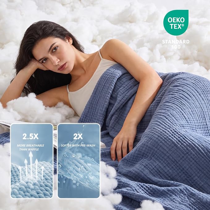 EMME Cotton Muslin Throw Blanket for Couch Breathable Gauze Soft Lightweight Blankets for Adults (Heather Navy, 50"x60")