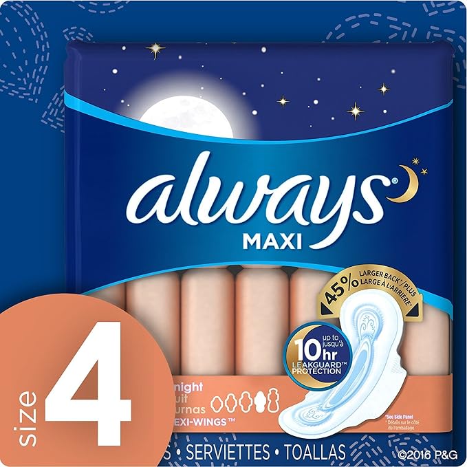 Always Maxi Overnight Pads with Wings, Size 4, Overnight, Unscented, 26 CT