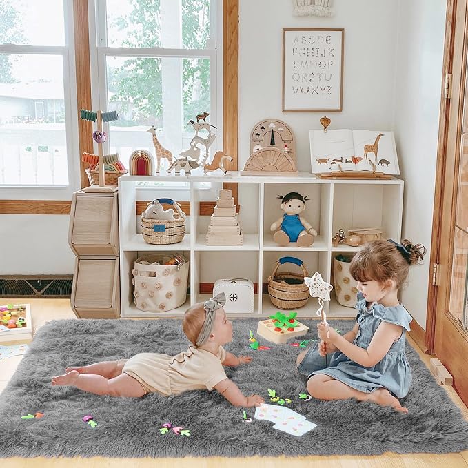 PAGISOFE 2x4 Small Bedroom Rug, Washable Runner Rugs for Hallway, Soft Plush Area Rug for Dorm, Kids Room, Reading Nook,Fuzzy Playroom Carpet, Furry Bedside Rug, Accent Faux Furry Grey Rugs