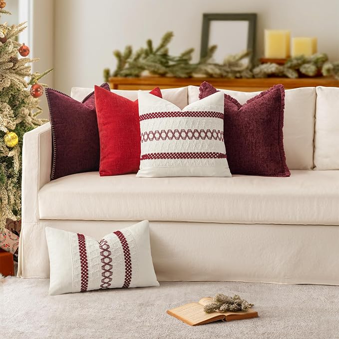 MIULEE Decorative Couch Throw Pillow Covers 16x16 Inch Burgundy Red 2 Pack | Farmhouse Pillow Covers with Stitched Edge, Soft Chenille Cushion Cases, for Sofa Bed Living Room Home Decor
