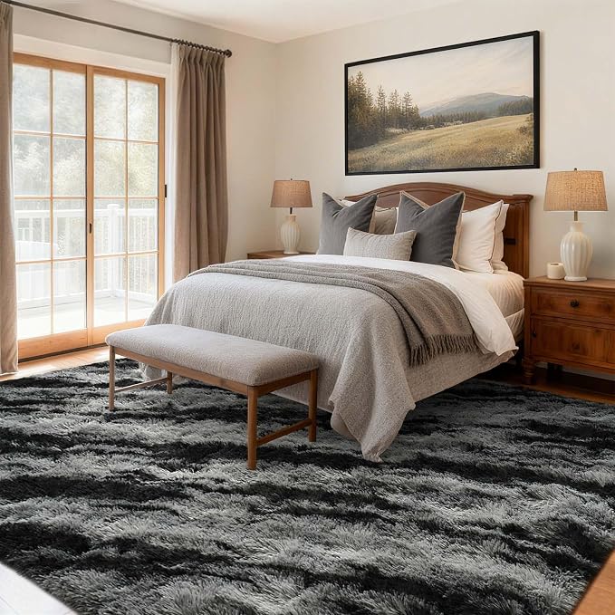 Area Rugs for Living Room, 6x9 Feet Soft Fluffy Shagg Plush Rug High Pile Large Non-Slip Floor Carpet for Bedroom Nursery Dorm Decor Aesthetic Black