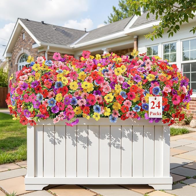 Alupssuc 24 Bundles Artificial Daisy Flowers UV Resistant for Outdoor Decor | Silk & Plastic, Spring Faux Plants Greenery, Bendable Stems, for Porch Patio Hanging Window Planter Yard Outside, 6 Colors
