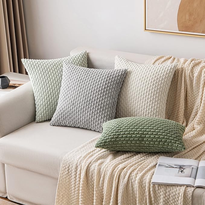 MIULEE Decorative Throw Pillow Covers 18x18 Light Green Textured Corduroy | Pack of 2 Striped Pillow Covers Modern Farmhouse Home Decor for Couch Bed Sofa Living Room