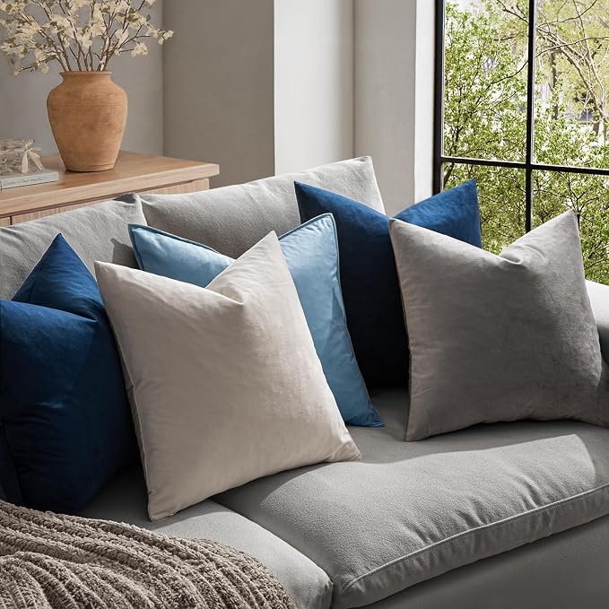 MIULEE 24x24 Inch Pack of 2 Euro Velvet Throw Pillow Covers Dark Blue | Soft Solid Decorative Euro Sham, Modern Luxury Home Decor, for King Bed Sofa Couch Bedroom Livingroom