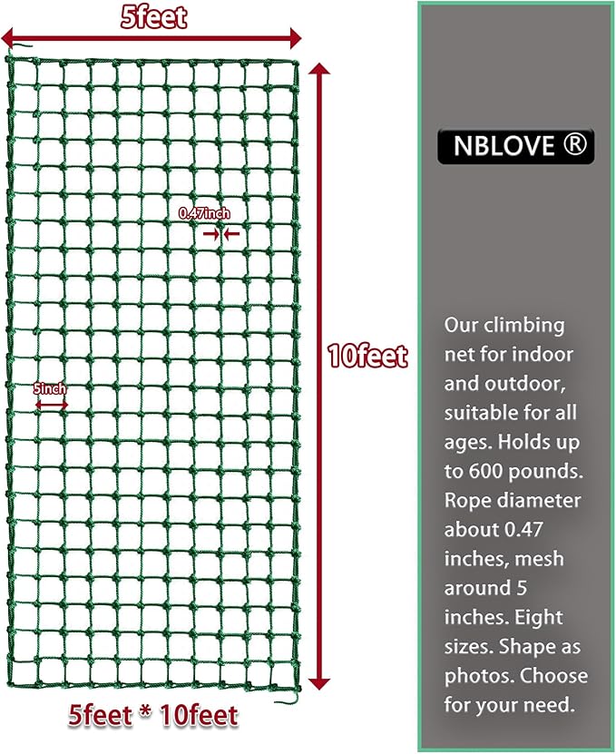 Outdoor & Indoor Premium Climbing Net - 8 Sizes Polyester Fiber. Easy Install with Extras. Handcrafted & Practical. Ideal Gift. (5ft x 10ft)