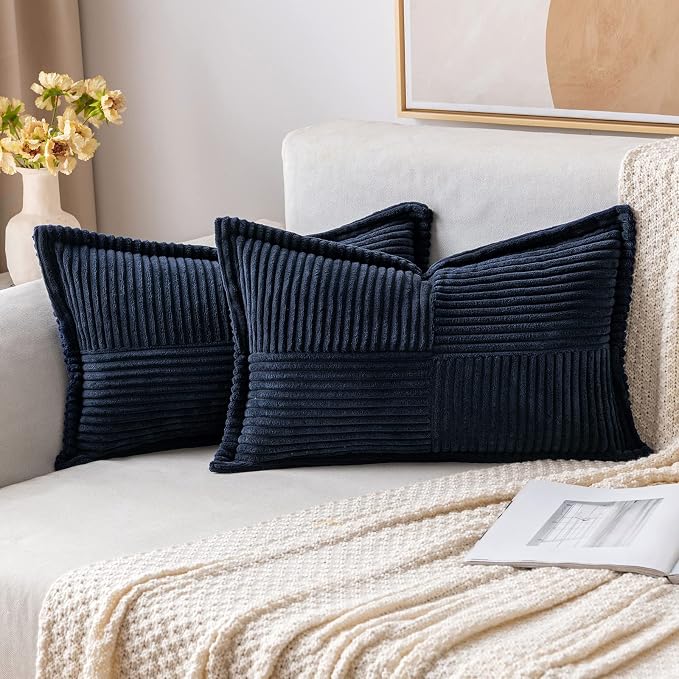 MIULEE Decorative Lumbar Throw Pillow Covers 12x20 Inch Navy Blue 2 Pack | Boho Broadside Striped Patchwork Pillow Covers, Soft Corduroy Cushion Cases, For Couch Sofa Bed Livingroom Home Decor
