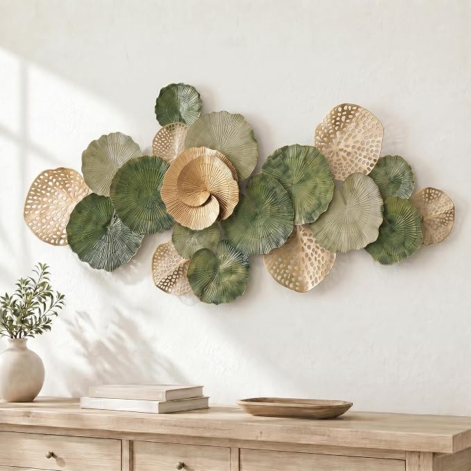 Axioglo 67" Large Wall Decor 3D Lotus Leaf Metal Wall Art for Living Room | 67" x31" metal wall decor with layered metal texture, mounting hardware, two-way display