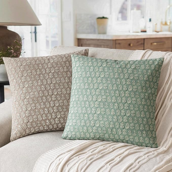 Foindtower Set of 2 Decorative Neutral Floral Print Throw Pillow Covers Vintage Accent Farmhouse Cushion Covers Boho Home Decor for Sofa Couch Chair Bedroom Living Room Outdoor,22×22 Inch,Aqua Blue