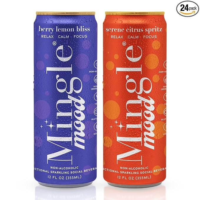 Mingle Mocktails Variety Pack 2 Flavors, Non Alcoholic Drinks, Alcohol Alternative Pre-Mixed Drinks with Real Juice, Canned Mocktails or Cocktail Drink Mixer, Gluten Free, Vegan, 24 Pack 12 fl oz Cans