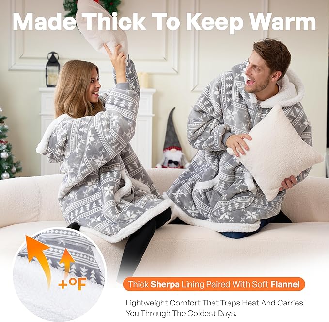 Giggling Getup Wearable Blanket Hoodie for Adults Gifts for Teen Girls Sister Women Sherpa Fleece Printed Hooded Blanket Sweatshirt Warm Cozy with Pocket & Sleeves Grey Snowflake