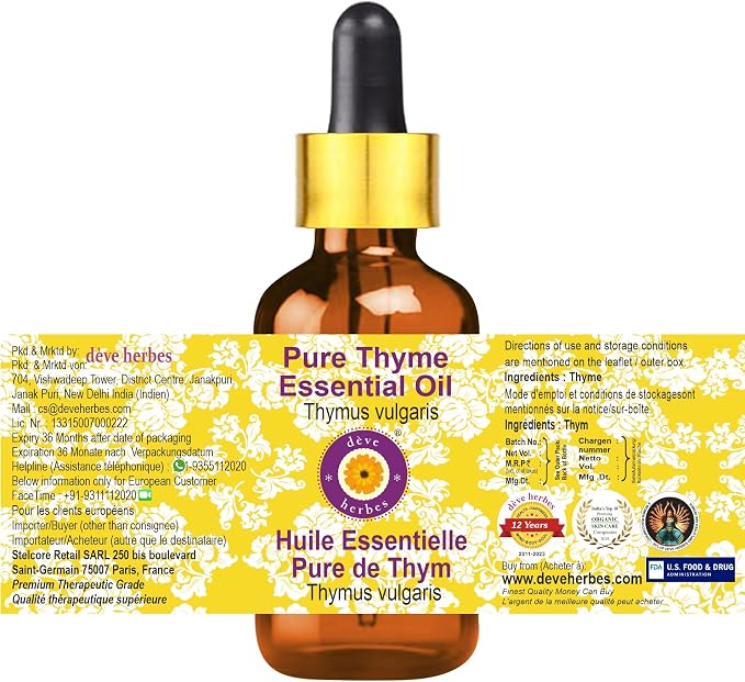 Deve Herbes Pure Thyme Essential Oil (Thymus vulgaris) with Glass Dropper Steam Distilled 50ml (1.69 oz)
