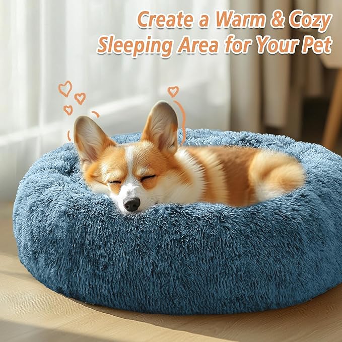 JOLLYVOGUE Calming Dog & Cat Bed for Small Dogs, Anti-Anxiety Donut Cuddler Cozy Soft Round Bed with Anti-Slip Bottom, Fluffy Faux Fur Plush Cushion Beds for Small Medium Pets (20")
