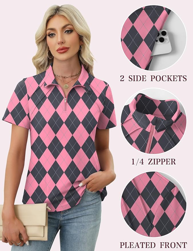 LOMON Womens Golf Polo Shirt Summer Short Sleeve Quarter Zip Outfit | Side-Pockets,Princess Seams,Cotton,Wrinkle Free,Moisture Wicking,Quick-Dry,Lightweight,Collared,for Tennis Workout