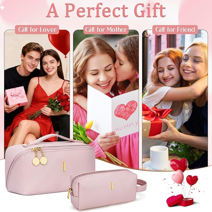 KKXIU Initial Makeup Bag for Women - Personalized Makeup Bag Gifts for Women, Travel Toiletry Bag with PU Leather, Open Flat Design with Top Handle, Cosmetic Bag Set with Multi-Pocket (Pink,I)