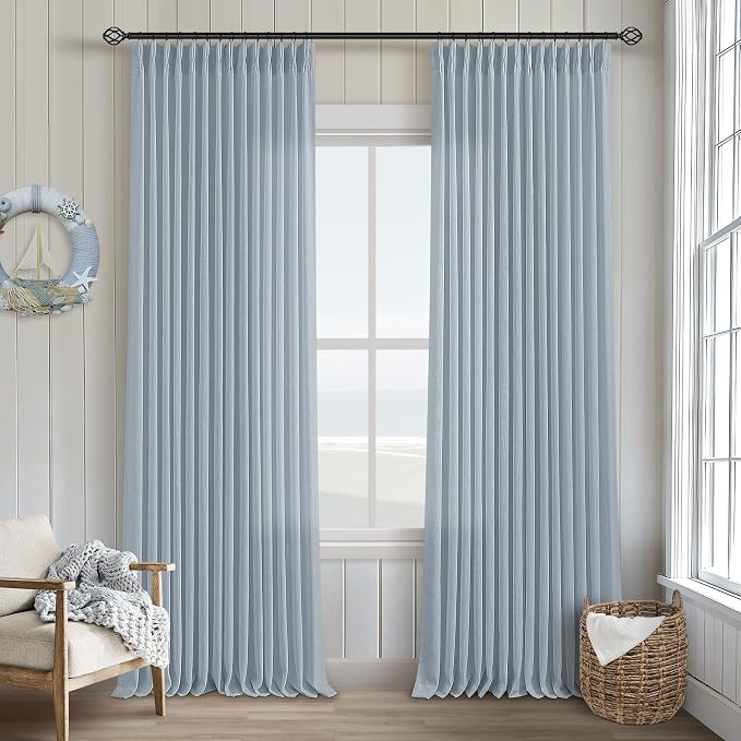 Dusty Blue Pleated Linen Curtains 96 Inches Long for Living Room 2 Panel Set Semi Sheer Light Filtering Pinch Pleat with Rings Hooks Drapes Boho Farmhouse Light Blue Grey Curtain Bedroom Window