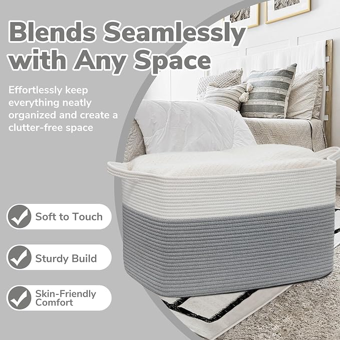 Goodpick 85L Large Woven Rope Blanket Basket, Rectangle, White Gray | 23.6'' x 15.7'' x 13.8'' Storage Basket for Blankets & Pillows, Living Room & Bedroom Organization, Reinforced Handles