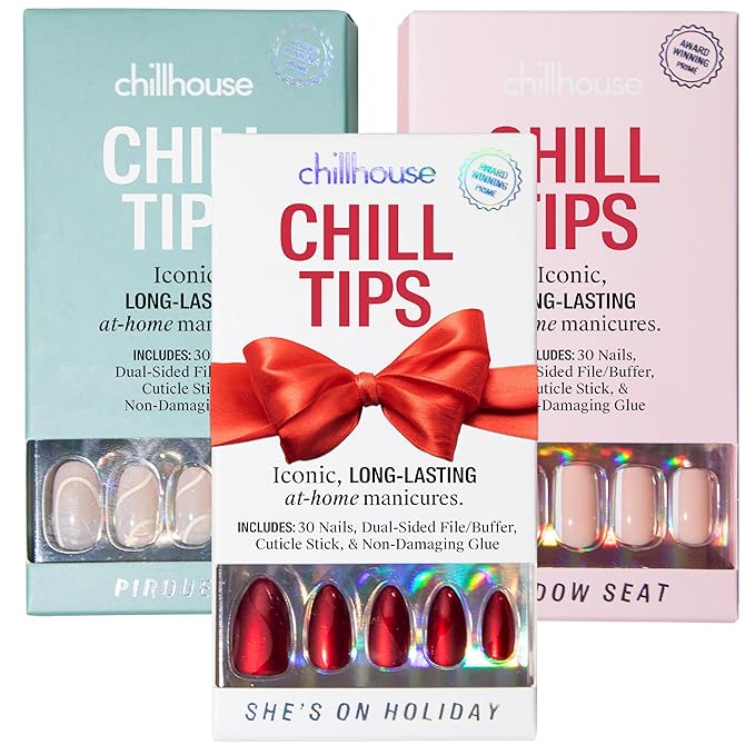 Chillhouse - Chill Tips Press on Nails Kit - She's the Prize Bundle (3-Pack) - 30 Nail Shapes & Sizes - Up to 2 Weeks Wear - Customizable Fit, Reusable - Latina Founded, Women Owned, Beauty, Self Care