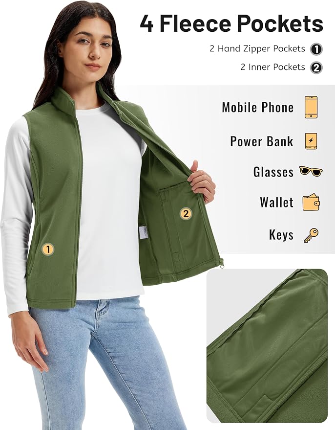 TACVASEN Women's Fleece Vest Lightweight Sleeveless Zip Jacket Outerwear | Soft Polar,Zipper Pockets,Stand Collar,Fall Winter Warm,Outdoor,Athletic,Running,Hiking,Travelling,Golf,Work