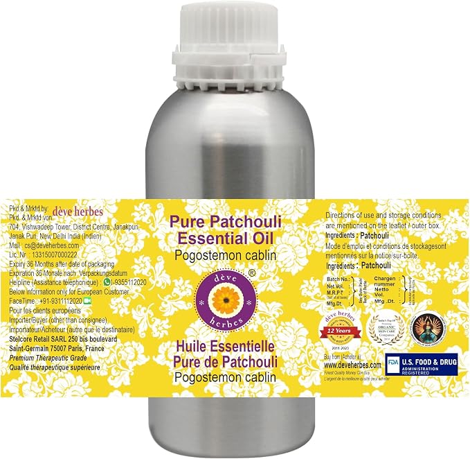 Deve Herbes Pure Patchouli Essential Oil (Pogostemon cablin) Steam Distilled 300ml (10 oz)