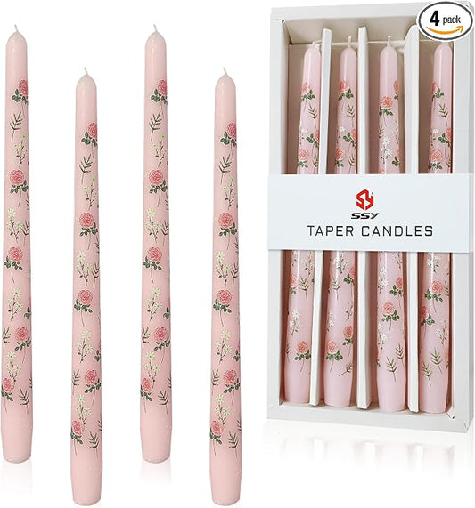 Rose Printed Taper Candle Smokeless- 4 Pack Handmade Pink Taper Candle - Dripless Uncented Candle 10 inches Long Flower Printed Tapered Candles for Mother's Day Home Wedding Restaurant Holiday Decor