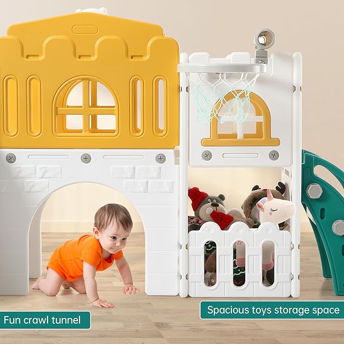 Toddler Slide 8 in 1 Toddler Playset for Toddlers Age 1-3, Baby Playset for Indoor Outdoor Playground with Climber, Crawling Tunnel, Basketball Hoop, Telescope, Toy Storage