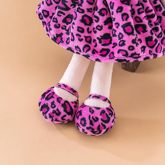 Gloveleya Personalized Baby Doll – Custom Name Plush Rag Doll 12” | Pink Leopard Dress | Birthday, Christmas for Girls & Toddlers