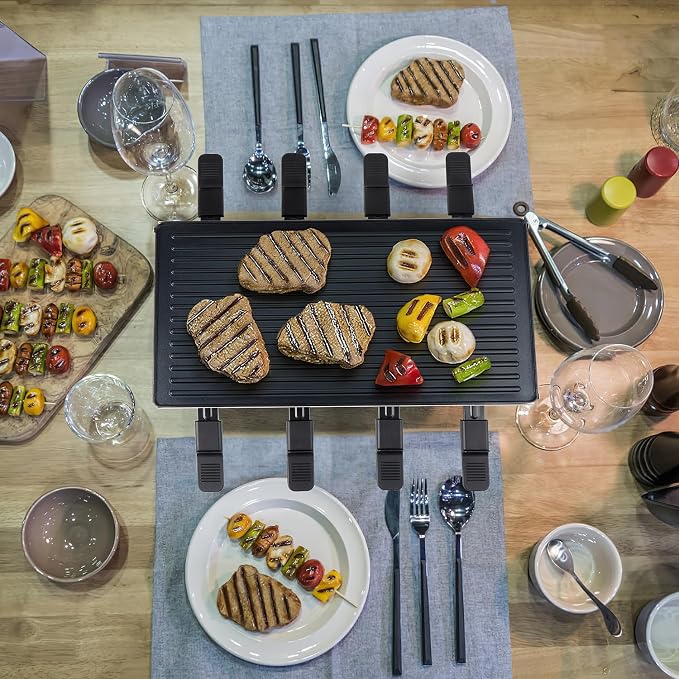 Raclette Table Grill, Techwood Electric Indoor Grill Korean BBQ Grill, Removable 2-in-1 Non-Stick Grill Plate, 1500W Fast Heating with 8 Cheese Melt Pans, Ideal for Parties and Family Fun (Black)