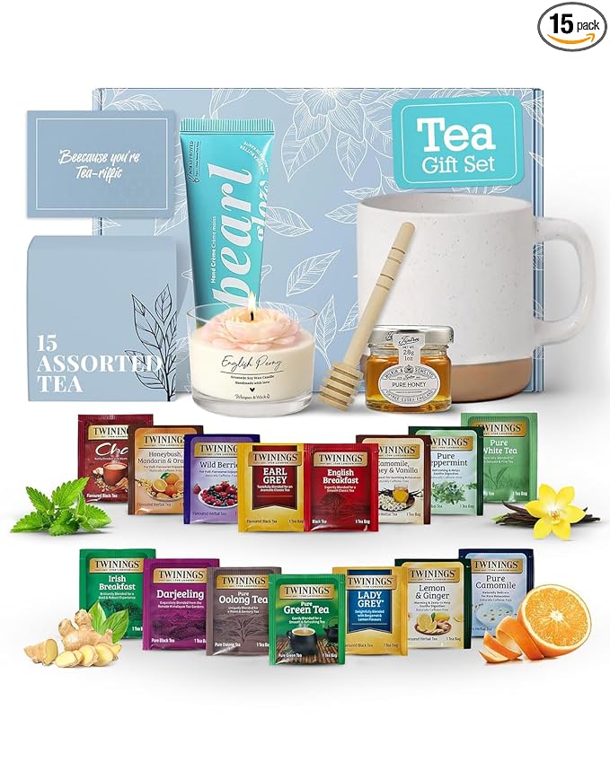 Tea Gift Set for Women – 15 Assorted Teas, Premium Ceramic Mug, Soy Wax Candle, Hand Crème & Honey | Tea Sets for Adults, Tea Gift Box for Birthday, Get Well, Self Care, Teacher