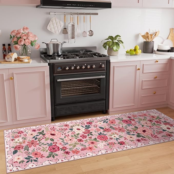 DUKINO 2x6 Runner Rug for Hallway, Washable Kitchen Rugs Non Slip, Pink | Low Pile, Soft, Floral Indoor Rug for Entryway, Bedroom, Laundry, Bathroom, Pet Friendly, Lightweight, Modern Home Decor