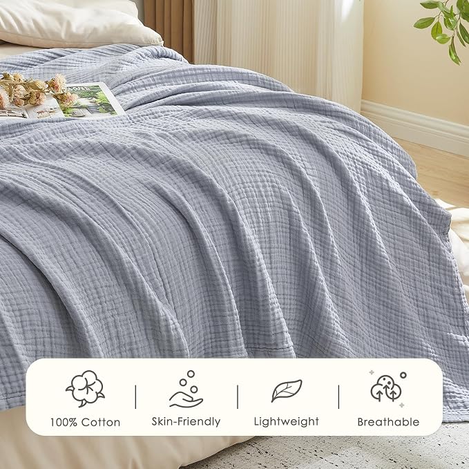 EMME Muslin Blankets for Adults Throw Blanket for Couch Breathable Gauze Soft Lightweight Airy Dusty Blue Throw 50" x 60"