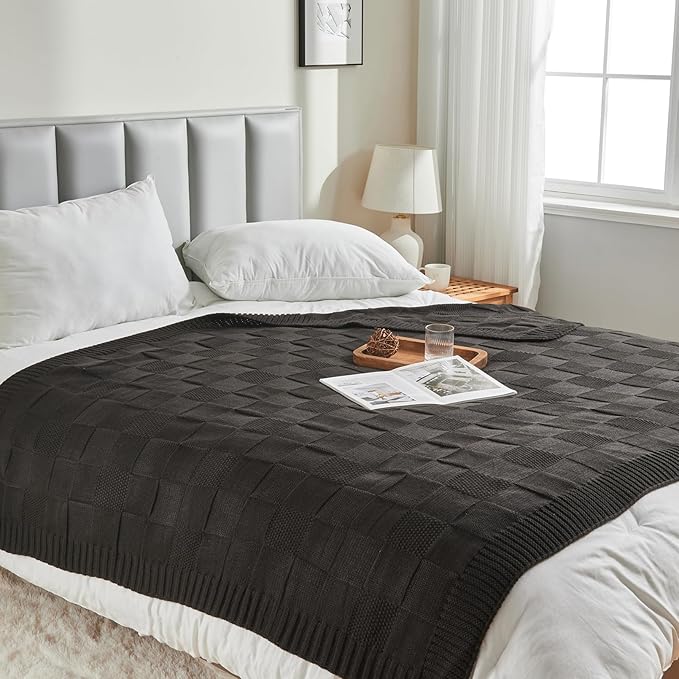 CozeCube Jet Black Knitted Checkered Throw Blanket 50"X60" | Check Knit Throw for Couch, Decorative Christmas Soft Cozy Warm Blanket for Bed Sofa Living Room