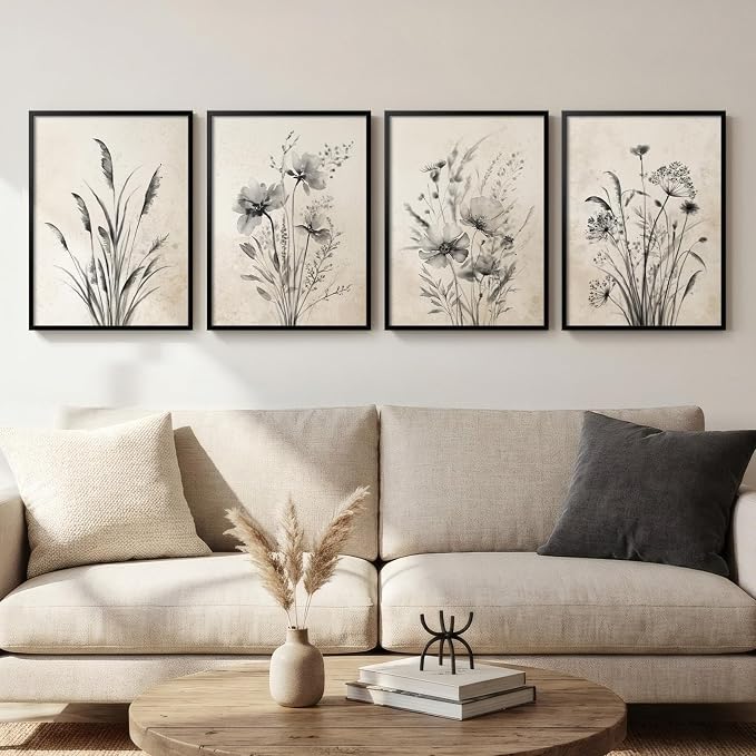 Framed Vintage Floral Botanical Wall Art for Living Room, 4 Piece 12x16 In | Neutral rustic artwork, Modern farmhouse wall decor, Canvas prints, Flower pictures, Kitchen bedroom hallway home decor