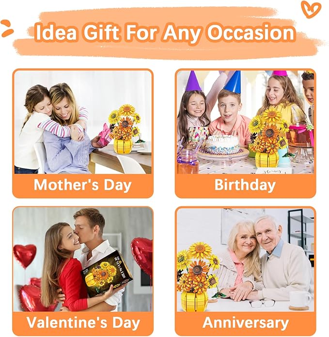 Flowers Sunflower Building Sets for Adults, Van Gogh Prints Art Botanical Collection for Woman Girls 14+, Artificial Pot Bouquet Plants Kits, Home Decor/Christmas/Valentine/Mother's Day Birthday Gifts