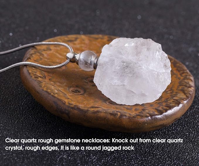AMOYSTONE Natural Crystal Perfume Necklace Women Long Necklace Clear Quartz Gemstone Perfume Essential Oil Diffuser Bottle Pendant, 1P Irregular Unpolished