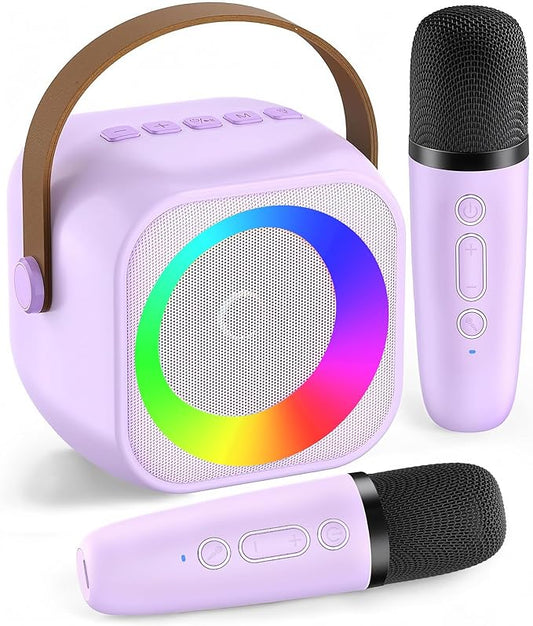 Mini Karaoke Machine, Portable Bluetooth Speaker with 2 Wireless Microphones for Kids & Adults, Karaoke Microphone with LED Lights, Gifts for Girls & Boys_Purple