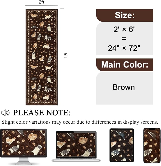 DUKINO 2x6 Kitchen Runner Rug, Washable Soft Non Slip Dog Rug, Brown | Stain Resistant, Low Pile Non-Shedding Animal Carpet Runner for Hallway Laundry Entryway Bathroom Bedroom, Kid & Pet Friendly