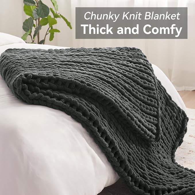 Negwoo Chunky Knit Throw Blanket, Knitted Throw Chenille Yarn, 80"*90" | Soft Thick Cable Knitted Blankets, Handmade Big Thick Blanket, Machine Washable Cute Comfy Blanket for Home Decor, Dark grey